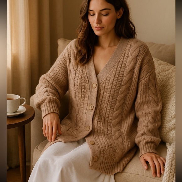 Jenni Kayne Neutral Cable Knit Cardigan Sweater Oversized capsule Button XL - Picture 1 of 5
